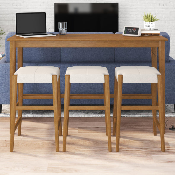 Dallon Sofa Table with 3 Stools and USB Charger - Blonde Oak