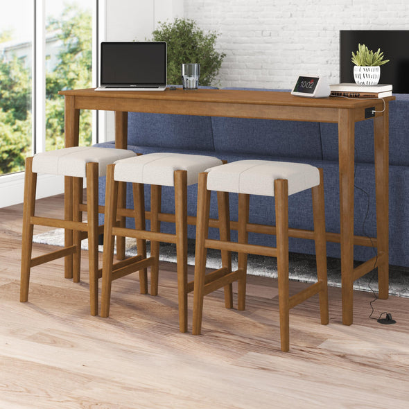 Dallon Sofa Table with 3 Stools and USB Charger - Blonde Oak