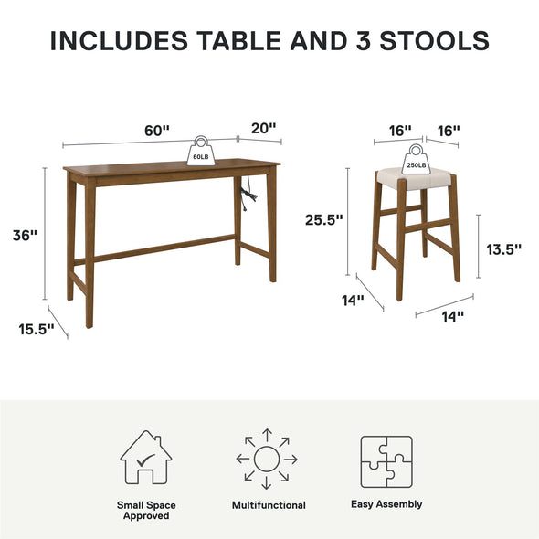 Dallon Sofa Table with 3 Stools and USB Charger - Blonde Oak