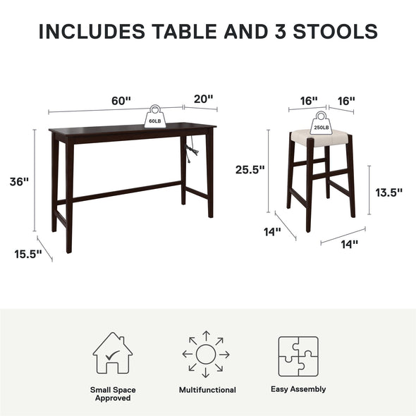 Dallon Sofa Table with 3 Stools and USB Charger - Espresso