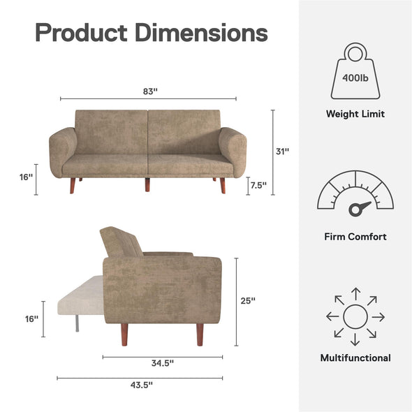 Daylen Mid-Century Futon Sofa Bed - Beige - 2-Seater